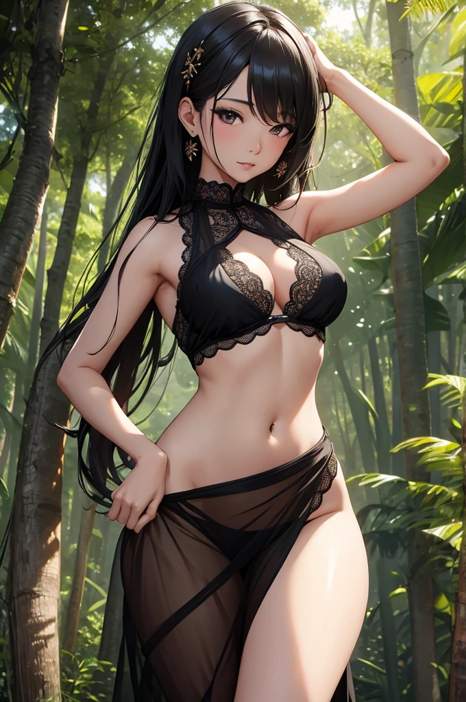an beautiful asian slim girl dancing in black net saree realistic picture , showing belly , in the middle of trees , hands behind her head , nip slip