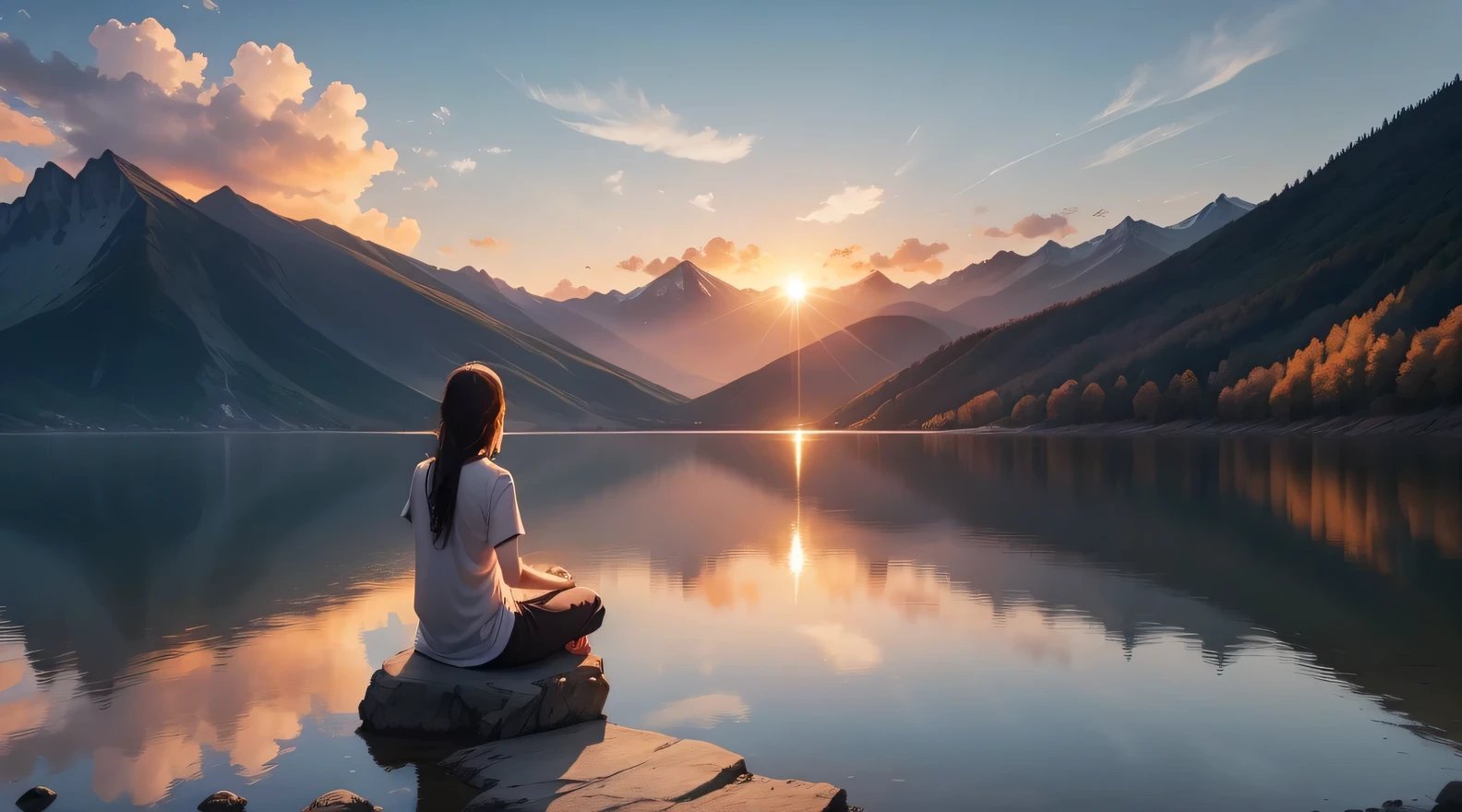 A breathtaking scene with a spectacular sunset over a calm lake surrounded by majestic mountains. En el centro de la imagen, a person stands with hands folded in prayer and eyes closed in deep meditation. Just above them, An artistic representation of God, surrounded by a divine aura of light, look with compassion at the person meditating. A luz dourada do sol poente banha a paisagem, creating a peaceful and spiritual atmosphere