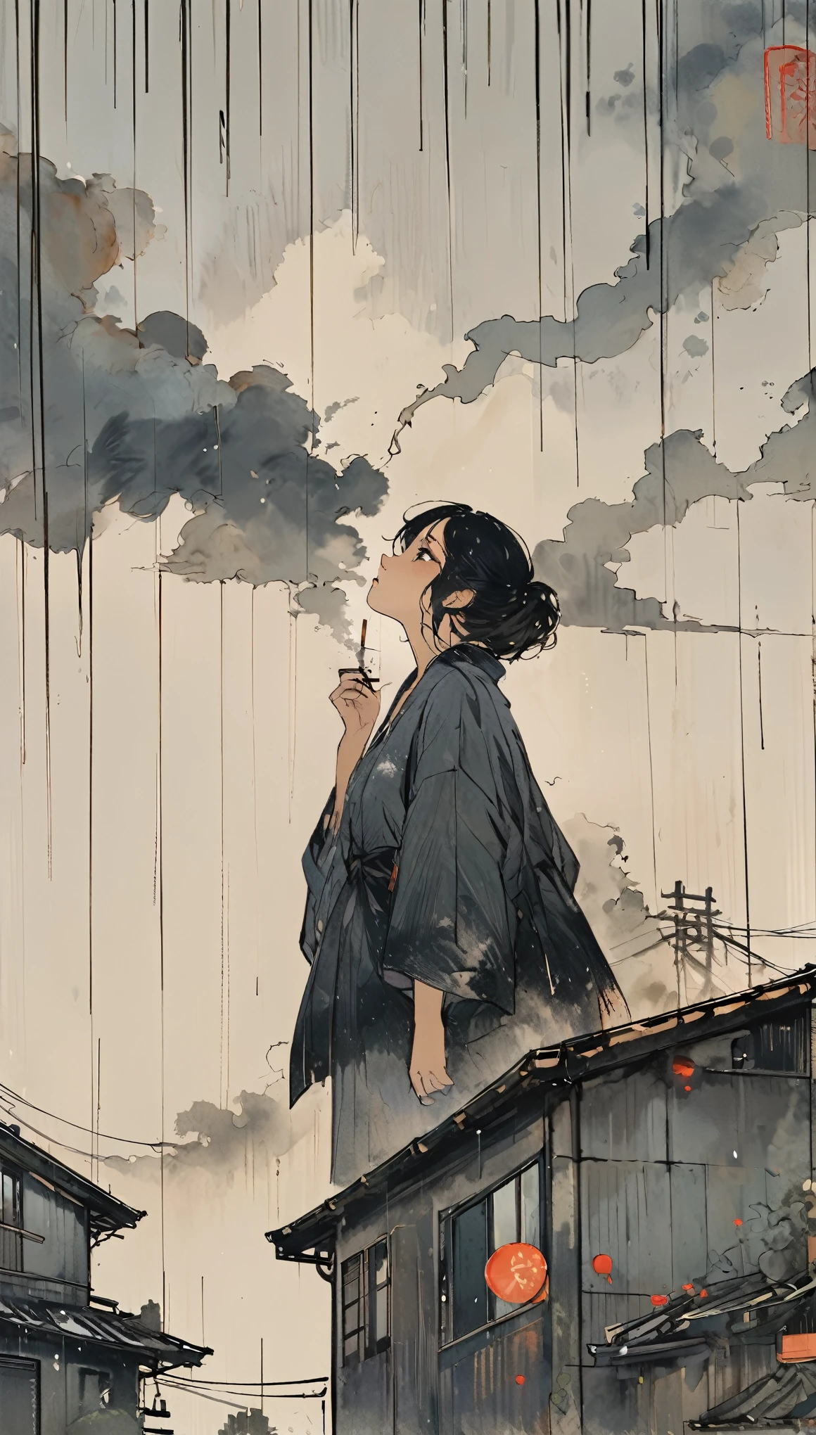 The Style of Kawanabe Kyosai、woman、Smoke a cigarette、Look Up、Rooftop of a multi-tenant building、rain、Cloudy