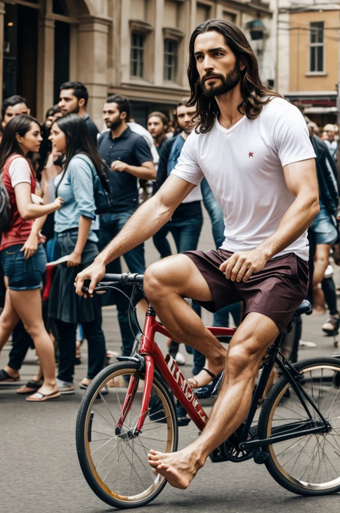 Jesus Christ riding a bicycle barefoot in the middle of people