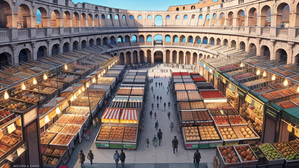 (high resolution, high detail, best quality), the colosseum market, full of mersenarios and vendors