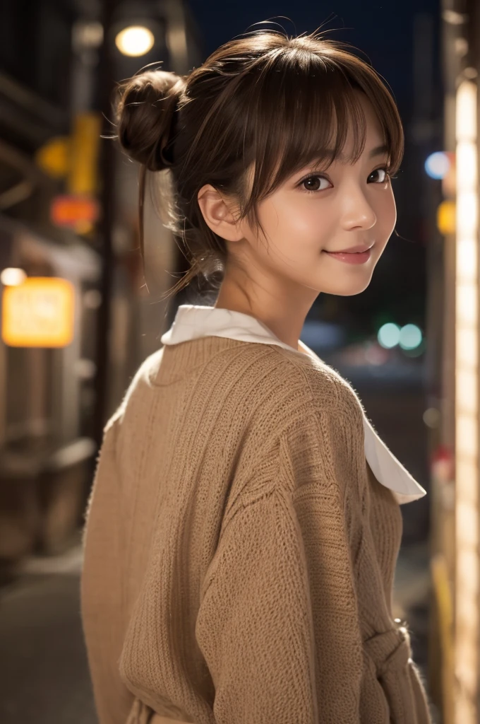 (masterpiece, Highest quality, 8k, High resolution),(Realistic skin texture, Perfect Face, Realistic, Perfect hands, Perfect finger count, Japanese, Girl), (20-year-old), Big Eyes, Brown eyes, Light brown hair, bangs, Bun Hair, Hair Ribbon, Small face, Smile, (Saggy tits, Pussy)), Back alley at night, neon, Are standing, Cute pose, It's raining
