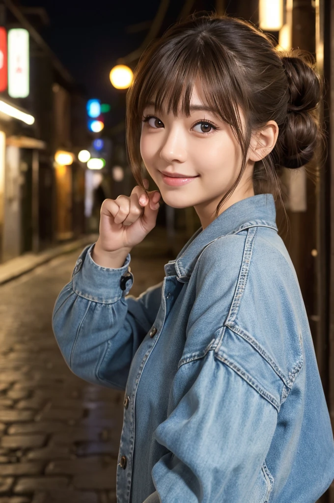 (masterpiece, Highest quality, 8k, High resolution),(Realistic skin texture, Perfect Face, Realistic, Perfect hands, Perfect finger count, Japanese, Girl), (20-year-old), Big Eyes, Brown eyes, Light brown hair, bangs, Bun Hair, Hair Ribbon, Small face, Smile, (Saggy tits, Pussy)), Back alley at night, neon, Are standing, Cute pose, It's raining