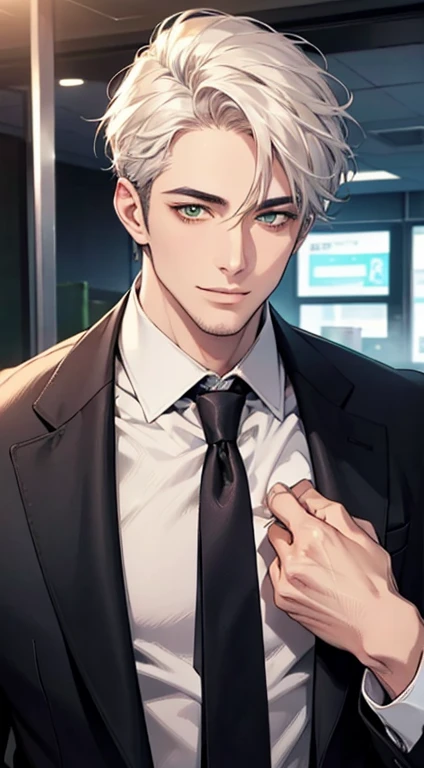 (Highest quality,4K,8K,High resolution,masterpiece:1.2),Super detailed,(Realistic,photoRealistic,photo-Realistic:1.37),1 person,34 years old,Mature Men,Beautiful skin、very handsome,Expressionless smile in love,Short white hair,green eyes,Sharp Eyes,A perfect face without a doubt,Businessman, CEO, Office Background,Cinema Lighting,HDR image,tie、