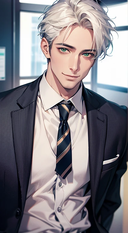 (Highest quality,4K,8K,High resolution,masterpiece:1.2),Super detailed,(Realistic,photoRealistic,photo-Realistic:1.37),1 person,34 years old, Men,Beautiful skin、very handsome,Expressionless smile in love,Short white hair,green eyes,Sharp Eyes,A perfect face without a doubt,Businessman, CEO, Office Background,Cinema Lighting,HDR image,tie、