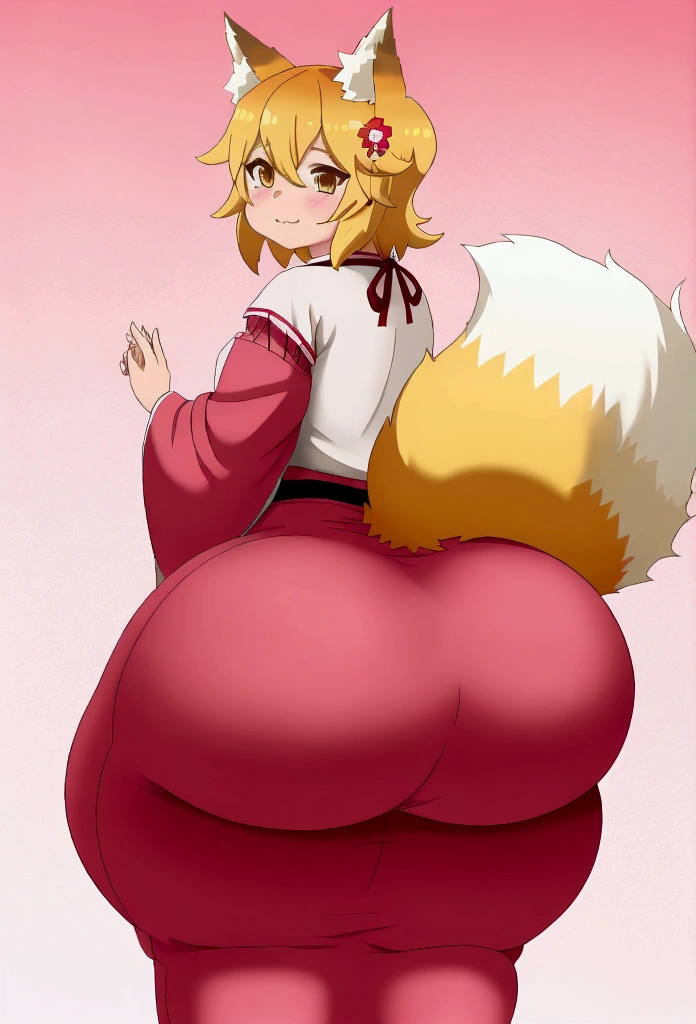 big ass, masive ass, big hips, massive hips, young gir, pink pijama, teenege girl, back view, sen, blonde hair, animal ears, fox ears, blush, animal ear fluff, hair ornament, fox girl, hair flower, hair between eyes, short hair, fox tail, tail, medium chest, yellow eyes, ass focus, japanase dress off, seductive smile