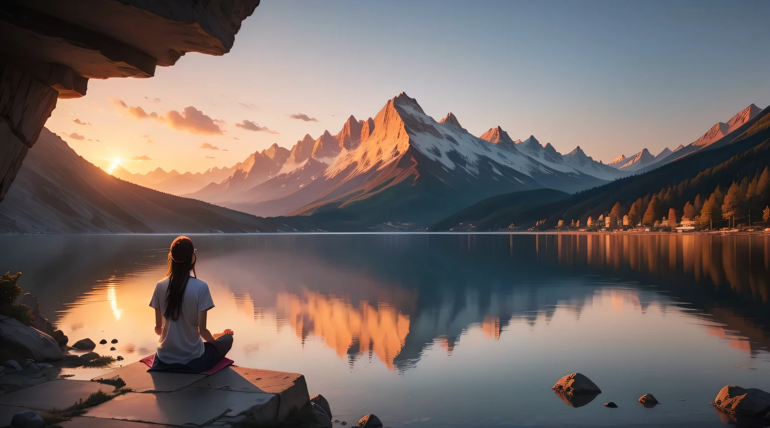 A breathtaking scene with a spectacular sunset over a calm lake surrounded by majestic mountains. En el centro de la imagen, a person stands with hands folded in prayer and eyes closed in deep meditation. Just above them, An artistic representation of God, surrounded by a divine aura of light, look with compassion at the person meditating. A luz dourada do sol poente banha a paisagem, creating a peaceful and spiritual atmosphere