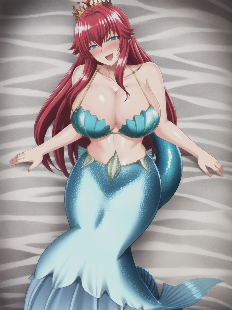 Mermaid, solo, mermaid tail below waistline, underwaters, pearl crown, red hair, long hair, blue eyes, bra, large breasts, cleavage, happy, blush, full body,