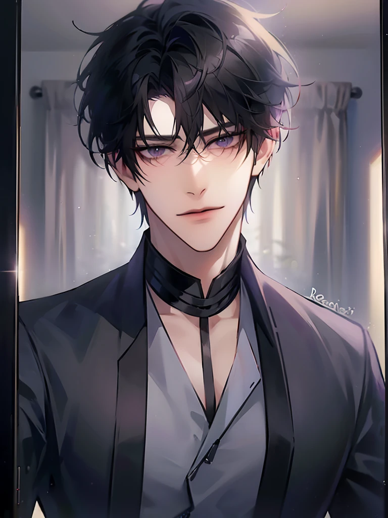 (masterpiece, 8k, high quality, best quality:1.6), 1boy, solo, short hair, black hair, asymmetrical fringe, purple eyes, handsome, sharp eyes, (mature male, mature:1.2), male focus, fashionable, tucked in open purple collared shirt, necklace, indoors, bedroom, light brown wallpaper, close up, smile, long eyelashes, soft shadows, holding phone, selfie, mirror, perfect anatomy