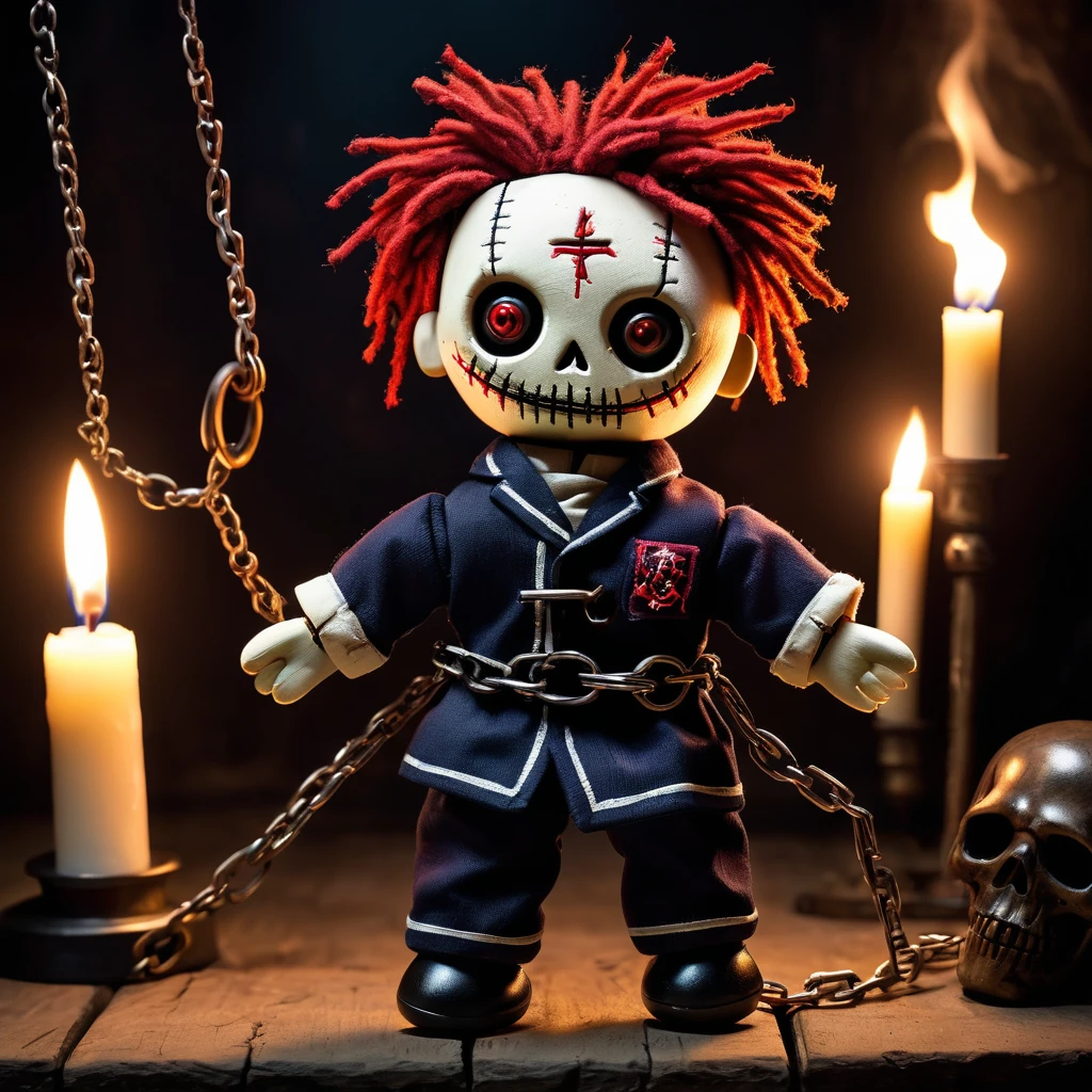 (knitted toy voodoo doll:1.5), (Voodoo Prisoner of Darkness:1.3), (Clothing: tattered prisoner’s uniform with eerie patterns:1.0), (Accessories: enchanted chains emitting a ghostly glow, floating spectral guards:1.1), (background: dark, desolate dungeon with flickering torches, eerie screams, and an atmosphere of eternal captivity:1.2), best quality, masterpiece, detailed soft oil painting, detailed background, dramatic cinematic lighting, soft edge lighting, professional, dramatic lighting, hard edge lighting, ultra quality, 4k, masterpiece, best quality, 8k, ultra high definition, high resolution, extremely detailed