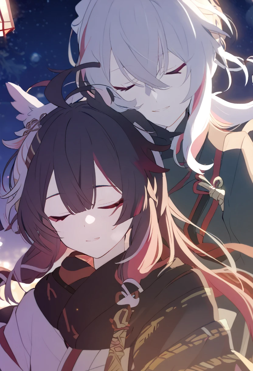 Man and woman couple, walking under the stars, at night, very close, 1 girl, Columbina, multicilor hair, two color hair, colored inner hair, decoration for your hair, black fur, with red outline, closed eyes, 1 chico, Kaedehara Kazuha, white hair with a red streak, hair ornament