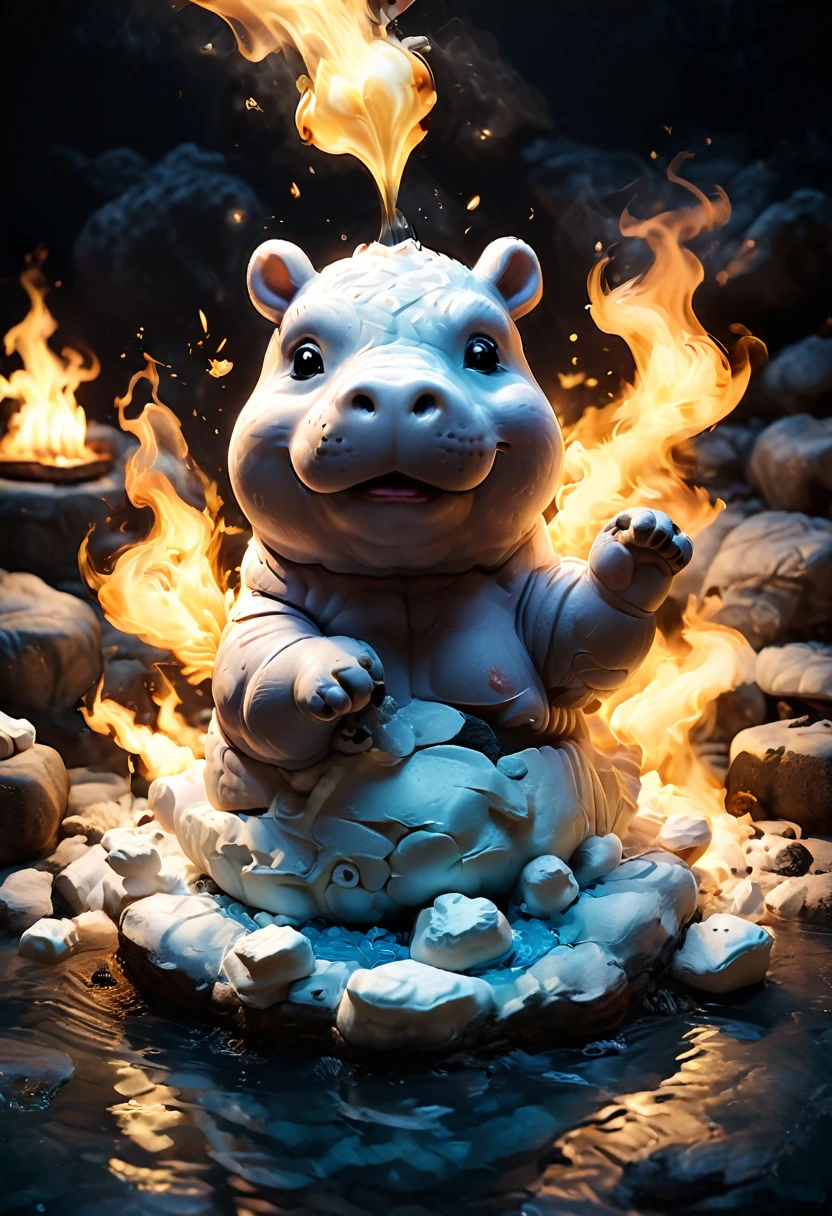 Photorealistic image of a 'Marshmallowhippo': Hippo made of marshmallow, toasting itself at the edges in a hot spring