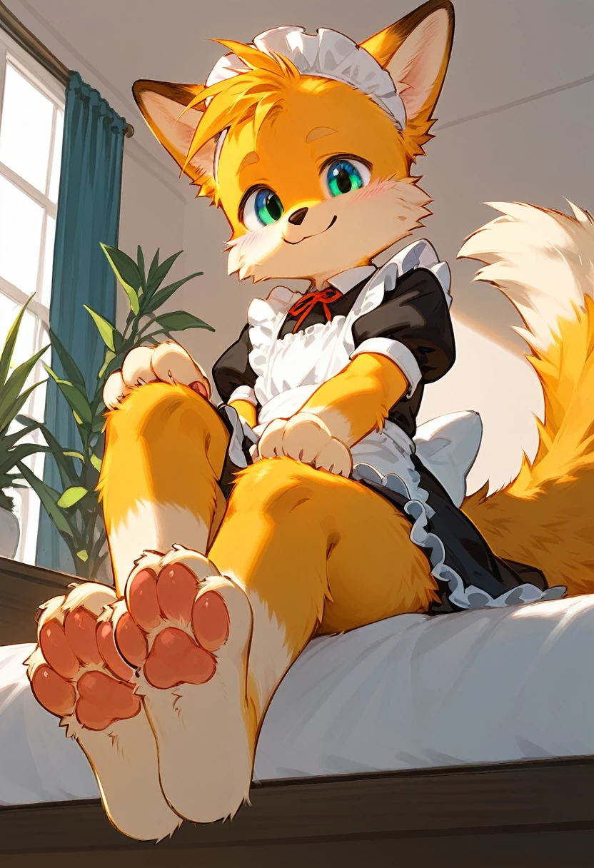 Solo, score_9,score_8_up score_7_up, anthro, Tails Miles Prower, yellow fox, male, maid dress, maid clothes, smiling, looking at viewer, sitting, on a bed, low angle shot, close up, four toes, 4 toes, feet, paws, focus on feet, pawpads, pawpad, cute paws, furry paws, (sfw:1.2), cute, (barefoot:1.2), pink pawpads