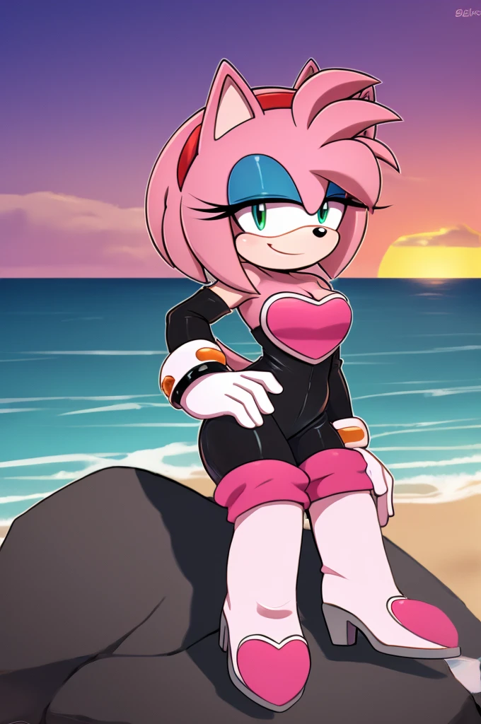 score_9, score_8_up, 2D, flat color, looking at viewer, (1girl), (solo), very detailed, extremely detailed, Amy Rose from the sonic the hedgehog series, portrait, seductive smile, hair down, hair bangs, medium breast, Rouge cosplay, cosplay, she wears a black skin-tight and strapless low-cut jumpsuit, a pink heart-shaped chest plate outlined with thin white trim, elbow-length white gloves and thigh-high high-heeled boots with pink cuffs to match them, with the latter featuring both gray soles and heels, matching her jumpsuit's chest plate, sitting on a boulder on the beach with the ocean waves in a nice sunset, close up, hands on hip, legs crossed , wingless