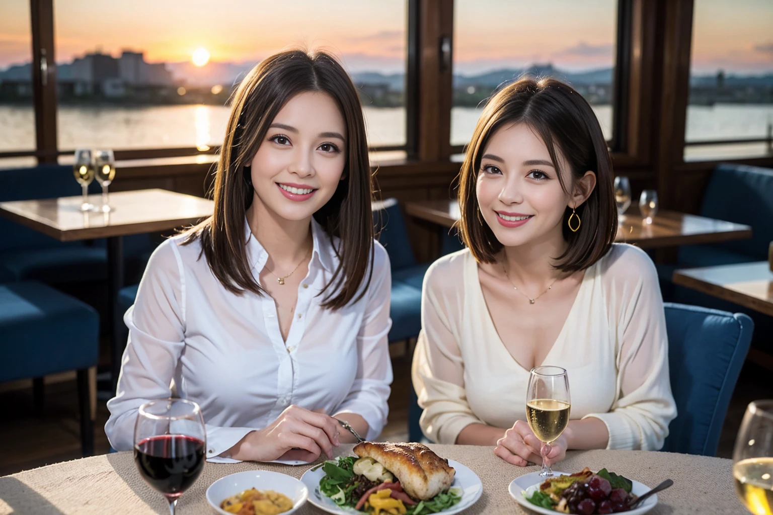 ((Highest quality、8k、masterpiece:1.3))、1 male、1 female、spouse、Beautiful couple、smile、full-course dinner、 (Slim face), (the body is スリム), (Brown Hair), (Shortcuts), ((Bob Hale、Straight hair:1.2)), テーブルの上のwine glass、Put the light on your face、 Amazing view of the sunset sky and clouds、smileの美しさ、Bright image、blush, Shortcuts, (Age 35), 39 years old, Appetizers、Italian food、Wine bottle、Champagne、sparkling wine、Long sleeve shirt、dress、Attractive beauty、restaurant, Nova Frog Style, actress, model, Upper Body, White wine, red wine, wine glass,