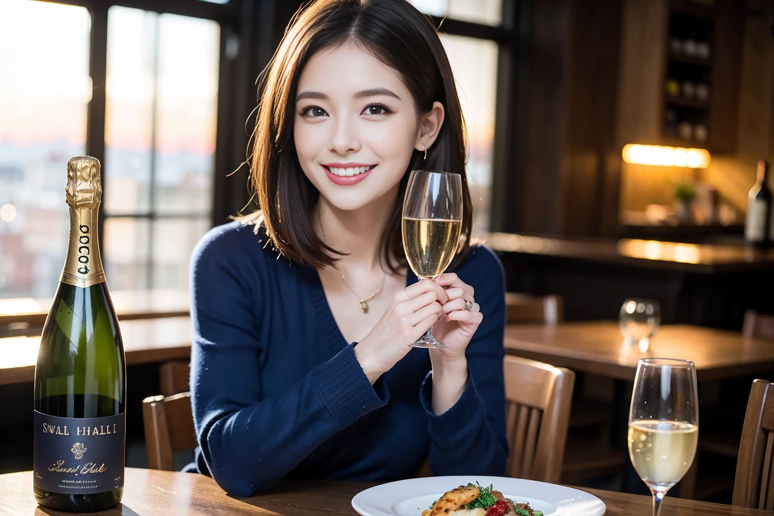 ((Highest quality、8k、masterpiece:1.3))、1 male、1 female、spouse、Beautiful couple、smile、full-course dinner、 (Slim face), (the body is スリム), (Brown Hair), (Shortcuts), ((Bob Hale、Straight hair:1.2)), テーブルの上のwine glass、Put the light on your face、 Amazing view of the sunset sky and clouds、smileの美しさ、Bright image、blush, Shortcuts, (Age 35), 39 years old, Appetizers、Italian food、Wine bottle、Champagne、sparkling wine、Long sleeve shirt、dress、Attractive beauty、restaurant, Nova Frog Style, actress, model, Upper Body, White wine, red wine, wine glass,