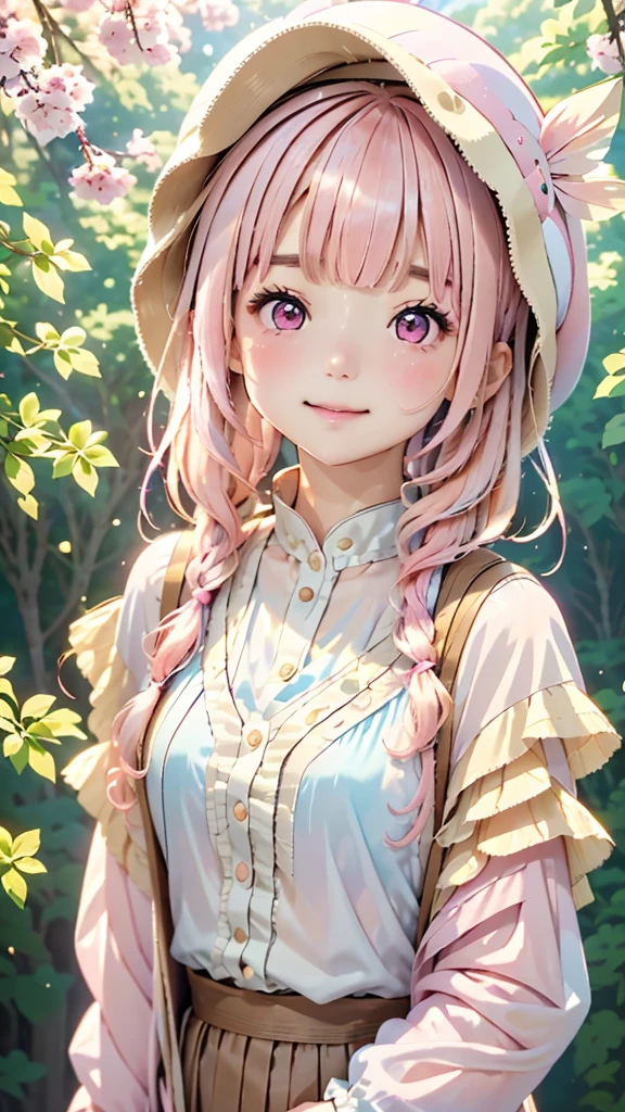 One Girl、１２talent、Magical girl、anatomy、French Braid、Anime Style、(((Fish hat))),(((Pink Hair))),(((Hime cut))),(((Bangs up to eyebrows))),(((Bangs without gaps))),(((Align your bangs))),(((Pink eyes))),Small breasts、smile,Cute Face、Cute clothes、Combat Uniform、、(((The background is pastel colored clouds:1.5、rainbow、Blurred Background)))、Highest quality、High resolution、High resolution、Cinema Lighting、Professional Photographer
