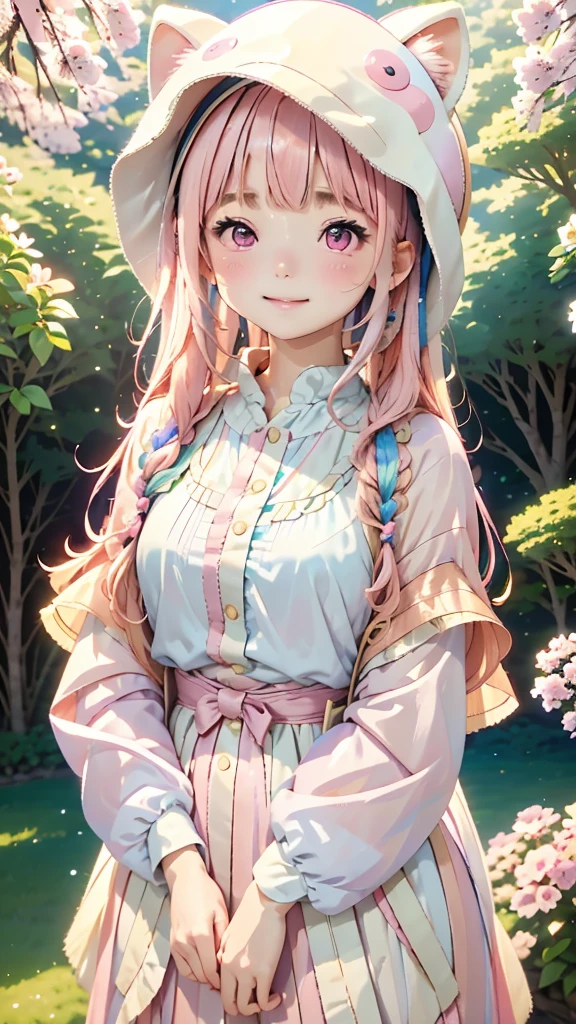 One Girl、12talent、Magical girl、anatomy、French Braid、Anime Style、(((Fish hat))),(((Pink Hair))),(((Hime cut))),(((Bangs up to eyebrows))),(((Bangs without gaps))),(((Align your bangs))),(((Pink eyes))),Small breasts、smile,Cute Face、Cute clothes、Combat Uniform、、(((The background is pastel colored clouds:1.5、rainbow、Blurred Background)))、Highest quality、High resolution、High resolution、Cinema Lighting、Professional Photographer