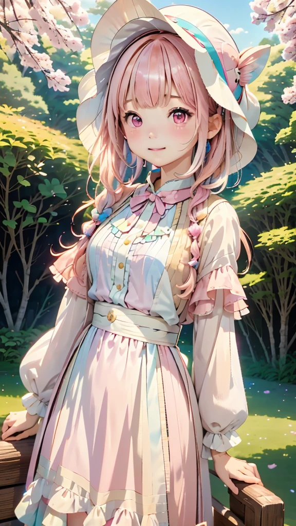 One Girl、12talent、Magical girl、anatomy、French Braid、Anime Style、(((Fish hat))),(((Pink Hair))),(((Hime cut))),(((Bangs up to eyebrows))),(((Bangs without gaps))),(((Align your bangs))),(((Pink eyes))),Small breasts、smile,Cute Face、Cute clothes、Combat Uniform、、(((The background is pastel colored clouds:1.5、rainbow、Blurred Background)))、Highest quality、High resolution、High resolution、Cinema Lighting、Professional Photographer