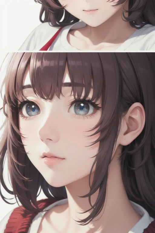 girl,Character design sheet,Beautiful attention to detail,Beautiful lip detail,Very detailed目と顔,Long eyelashes,Realistic,photoRealistic:1.37,Very detailed,Professional,Vibrant colors,Portraiture,Studio Lighting,Sharp focus,Physically Based Rendering,High resolution,超High resolution. blue eyes,Big eyes， Long Hair，Curly hair、Black Hair，Red cheeks，Droopy eyes，Red cardigan，White T-shirt，Long skirt、