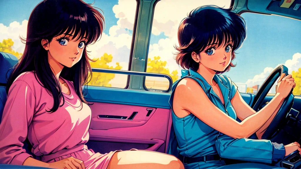 One Woman、sitting in the passenger seat of a car、80Retro anime style of the 1980s、Vivid colors、Image of a woman from inside a car、Looking forward、
