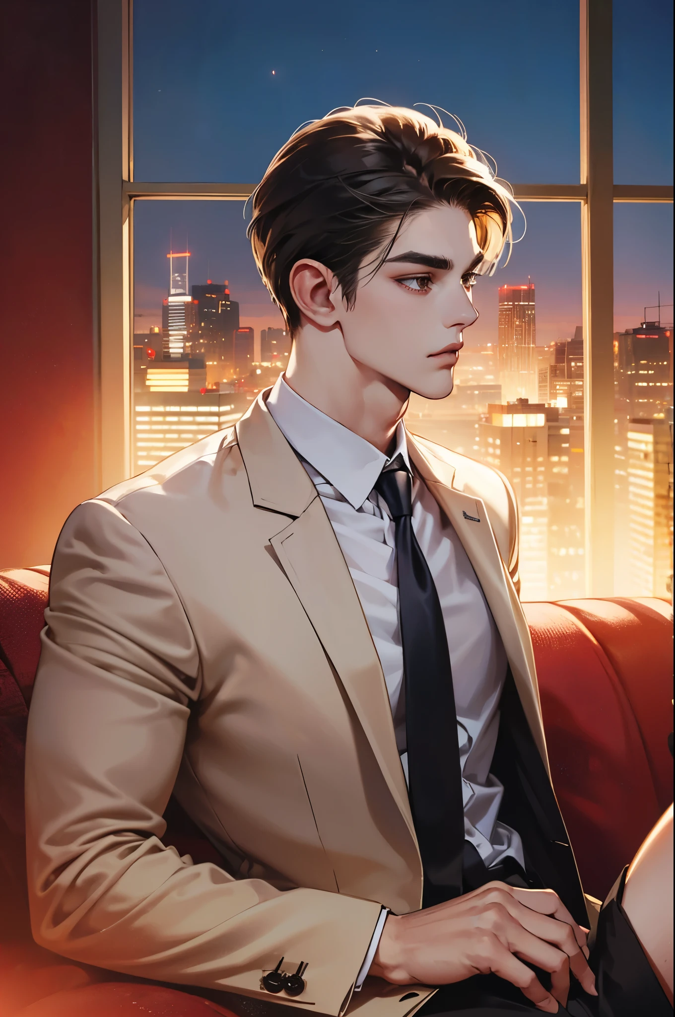 (absurdres, highres, ultra detailed, realistic, ), 1 male, solo, adult, mature, tall muscular guy, ,（sitting on a sofa,cross-legged）, broad shoulders, handsome, very short hair, black hair, brown eyes, angular jaw, thick neck, thick eyebrows, night, dark, the night view of the city background, formal suit, necktie, upper body