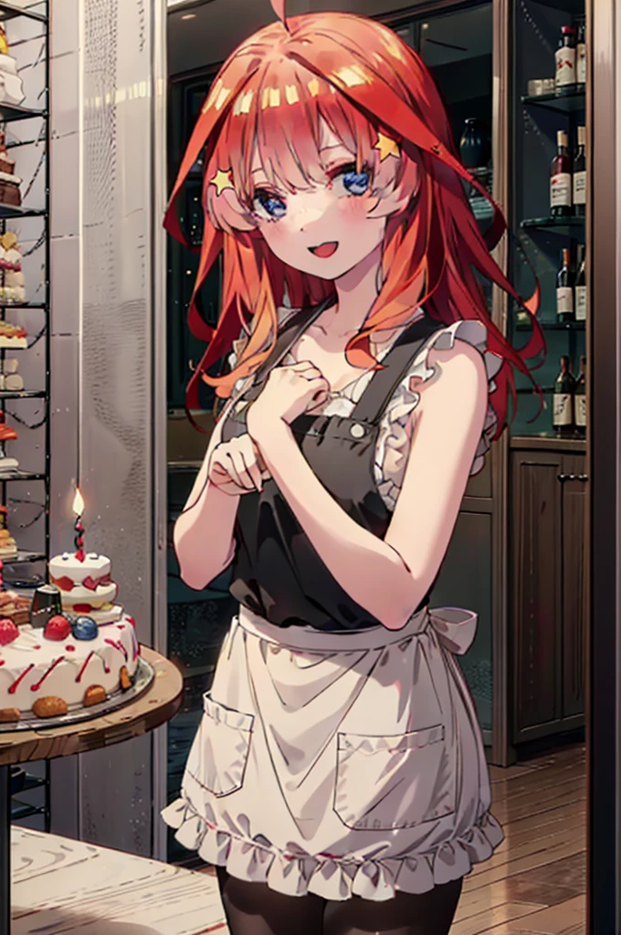 itsukinakano, Itsuki Nakano, bangs, blue eyes, Hair between the eyes, Ahoge, Redhead, star \(symbol\), hair ornaments,happy smile, smile, Open your mouth,cracker, star hair ornaments,Red Tank Top,Long skirt,Black pantyhose,apron,Walking,There is food and a birthday cake on the table,
break indoors, room,
break looking at viewer,Upper Body,
break (masterpiece:1.2), Highest quality, High resolution, unity 8k wallpaper, (figure:0.8), (Beautiful attention to detail:1.6), Highly detailed face, Perfect lighting, Highly detailed CG, (Perfect hands, Perfect Anatomy),