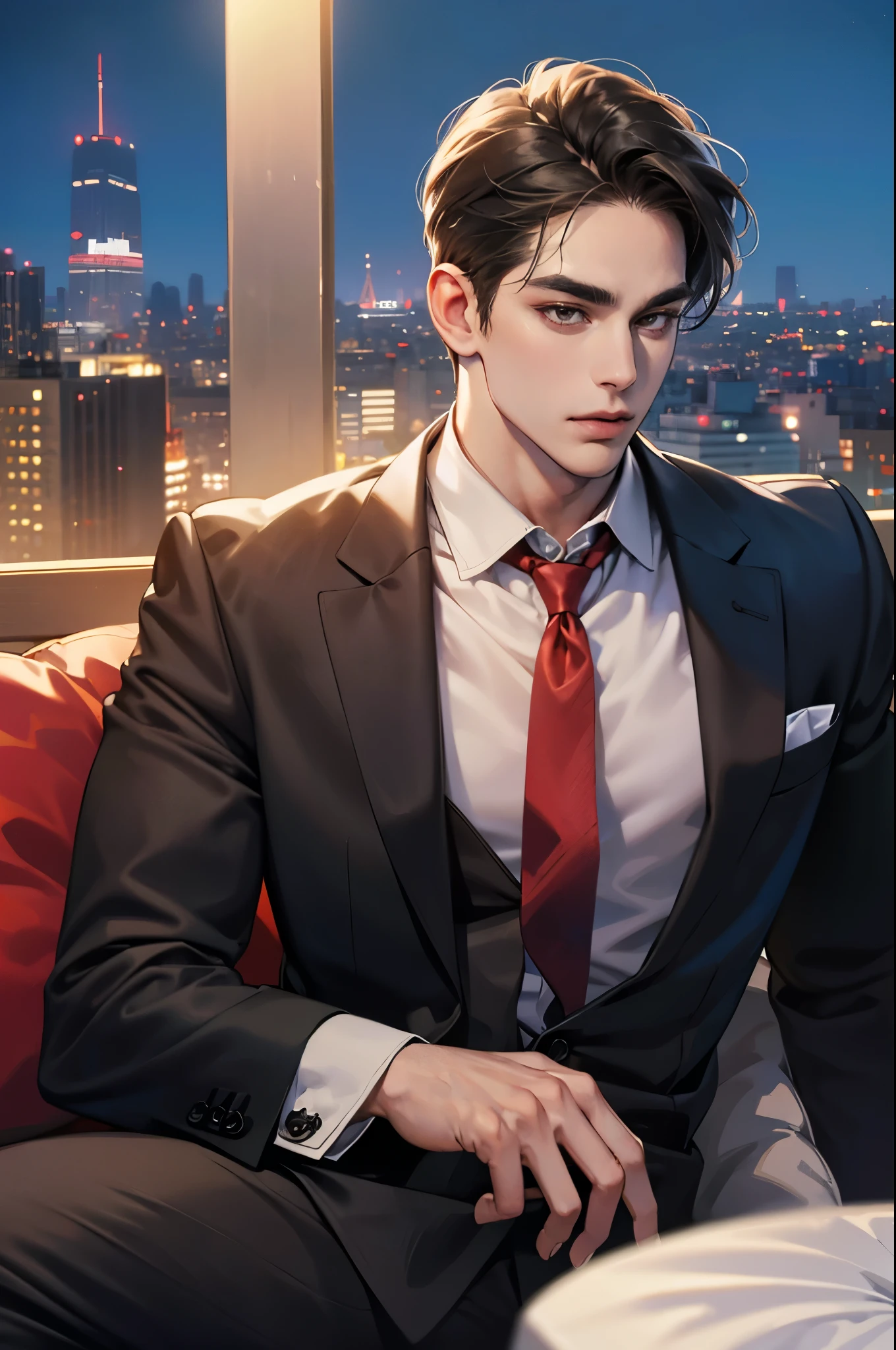 (absurdres, highres, ultra detailed, realistic, ), 1 male, solo, adult, mature, tall muscular guy, ,(sitting on a sofa,cross-legged), broad shoulders, handsome, very short hair, black hair, brown eyes, angular jaw, thick neck, thick eyebrows, night, dark, the night view of the city background, formal suit, necktie, upper body