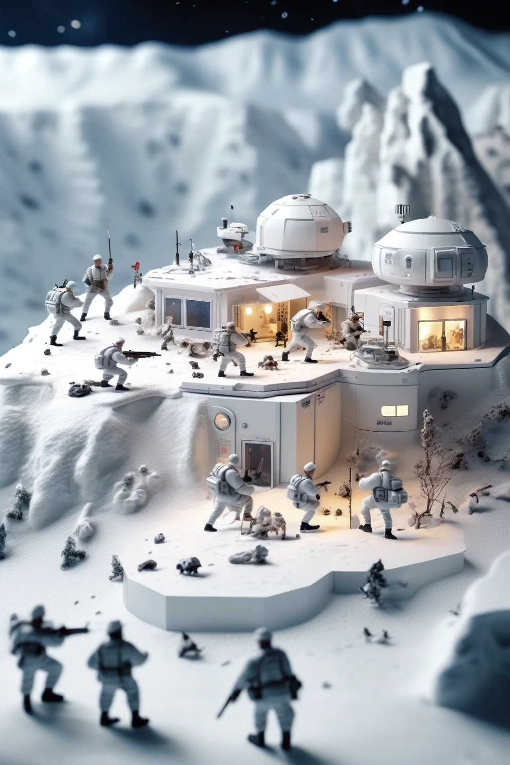 A white model of a miniature research station built on a snowy hillside with tiny figures in the landscape. Soldiers are engaged in gunfire with the enemy to save trapped scientists. Tiny figures are exploring the surrounding landscape, rendered in a realistic style with focus on Model and lighting details. Realistic and detailed, 8K