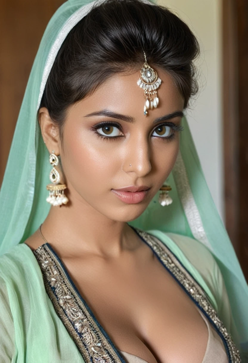 (best quality,4k,8k,highres,masterpiece:1.2),ultra-detailed,realistic:1.37,Young Woman,Indian,cute face,childlike face,beautiful detailed eyes,beautiful detailed lips,huge natural breasts,[wide hips:0.9],[long decorated hair:0.9],simple Traditional dress,cleavage,jewellery, head covering,looking into camera,1900s India setting,bust portraits,