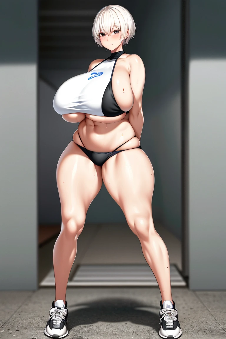 A woman,White short hair,Black eyes,sports Shorts,Sweating,Bikini,Long legs,Nipple protrusion,Twenties,exposed,Sneakers,Huge breasts,超级Huge breasts,Standing