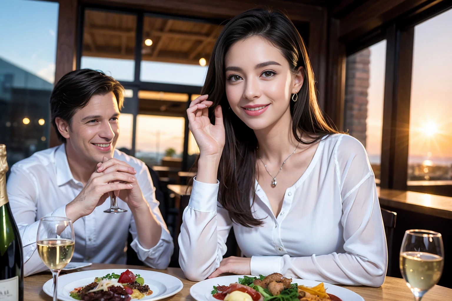 ((Highest quality、8k、masterpiece:1.3))、1 male、1 female、spouse、Beautiful couple、smile、full-course dinner、 (Slim face), (the body is スリム), (Brown Hair), (Shortcuts), ((Bob Hale、Straight hair:1.2)), テーブルの上のwine glass、Put the light on your face、 Amazing view of the sunset sky and clouds、smileの美しさ、Bright image、blush, Shortcuts, (Age 35), 39 years old, Appetizers、Italian food、Wine bottle、Champagne、sparkling wine、Long sleeve shirt、dress、Attractive beauty、restaurant, Nova Frog Style, actress, model, Upper Body, White wine, red wine, wine glass, 