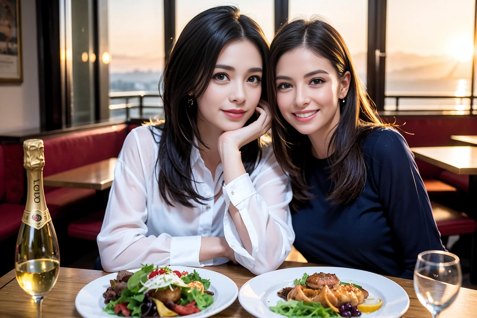 (Realistic:1.1),(masterpiece,Highest quality),8k,(40 years old), 44 years old, slimカップル、Model Couple、actress/actor、Tight waist,Upper Body,full-course dinner、wine 、Amazing view of the sunset sky and clouds、Perfect Anatomy, Brown Hair, short hair,Random Hairstyles,((Highly detailed face and eyes:1.2))(cute顔:1.4),美しいactressの顔,Perfect golden ratio face,Long sleeve shirt、dress,(smile:1.2)、Shortcuts、cute、(Realistic, Intricate details:1.2), A bright smile、short hair,Bright Face、赤wine 、Appetizers、Italian food、wine bottle、Champagne、スパークリングwine、(slimな顔), (The body is slim), (Brown Hair), (Shortcuts), Upper Body, 白wine, slim, wineグラス,