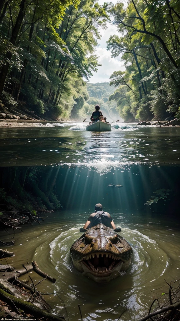 Create an AI-generated image that depicts a dramatic scene of a river with a visible above and below water perspective. Above the water, show two men helping to pull another man out of the river, with expressions of fear and urgency. Below the water, depict a large crocodile with its mouth open, showcasing its sharp teeth, swimming towards the group above. The surrounding environment is a dense forest with large trees and sprawling roots around the riverbank. The water is clear enough to see both the surface activity and the underwater threat in vivid detail.