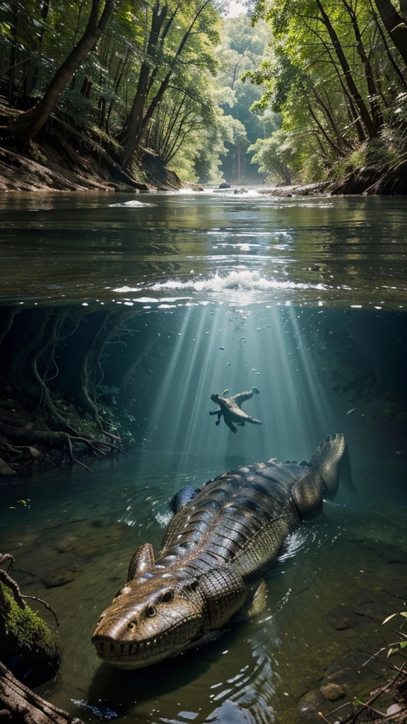 a dramatic scene of a river with a visible above and below water perspective. Above the water, show two men helping to pull another man out of the river, with expressions of fear and urgency. Below the water, depict a large crocodile with its mouth open, showcasing its sharp teeth, swimming towards the group above. The surrounding environment is a dense forest with large trees and sprawling roots around the riverbank. The water is clear enough to see both the surface activity and the underwater threat in vivid detail.
