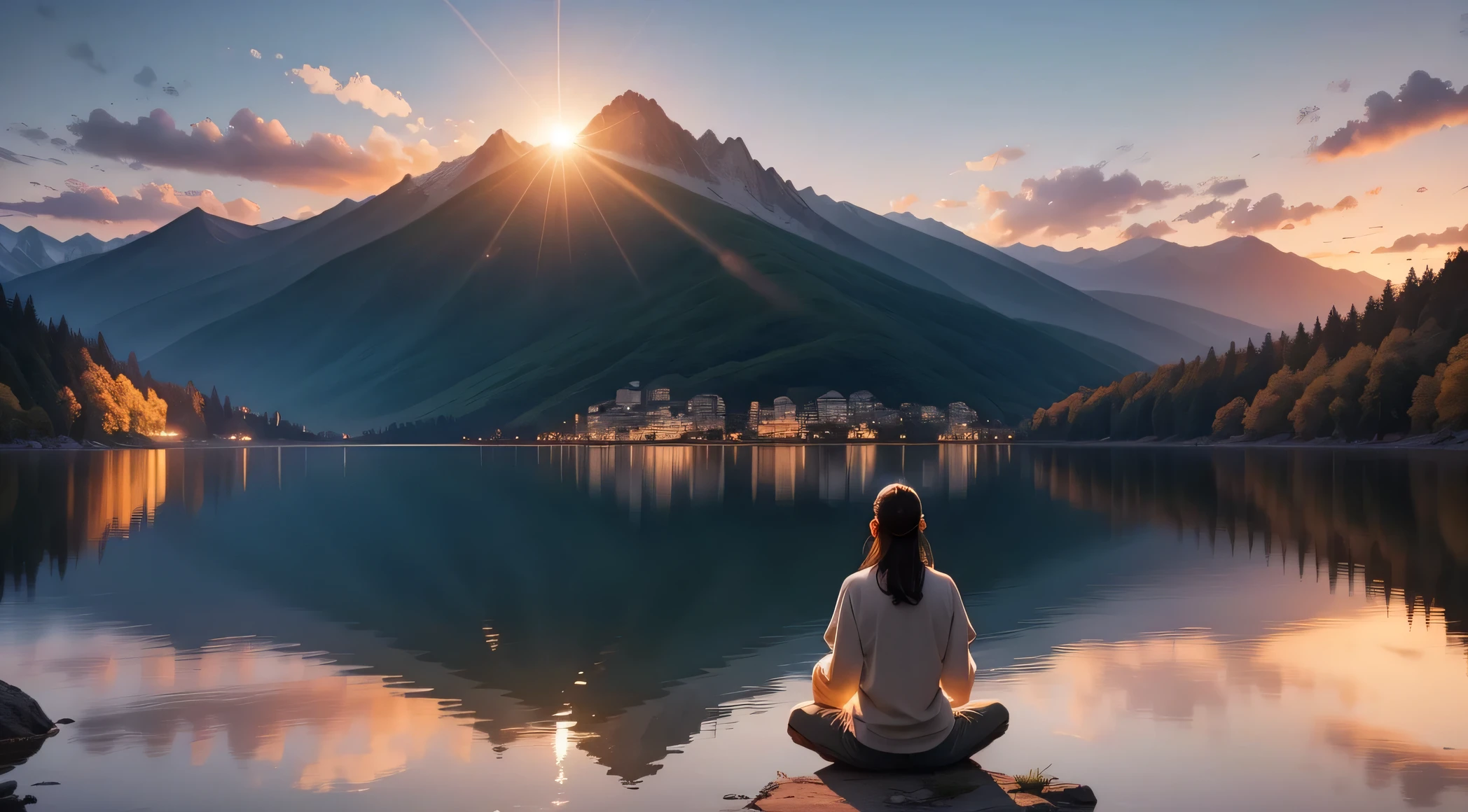 A breathtaking scene with a spectacular sunset over a calm lake surrounded by majestic mountains. En el centro de la imagen, a person stands with hands folded in prayer and eyes closed in deep meditation. Just above them, An artistic representation of God, surrounded by a divine aura of light, look with compassion at the person meditating. A luz dourada do sol poente banha a paisagem, creating a peaceful and spiritual atmosphere