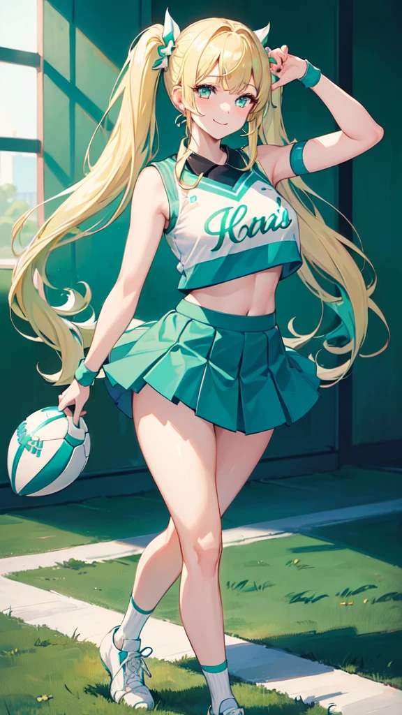 (masterpiece, top quality, best quality, official art, beautiful and aesthetic:1.2), (8k, best quality, masterpiece:1.2), (((masterpiece))), (((best quality))), (((extremely detailed))), illustration, who, (masterpiece, top quality, best quality, official art, beautiful and aesthetic:1.2), (8k, best quality, masterpiece:1.2), 1girl, cheerleader, blonde hair, twin tails, long hair, medium breasts, turquoise eyes, full body, wide hips, smile, skirt, dark green and white cheerleader uniform,