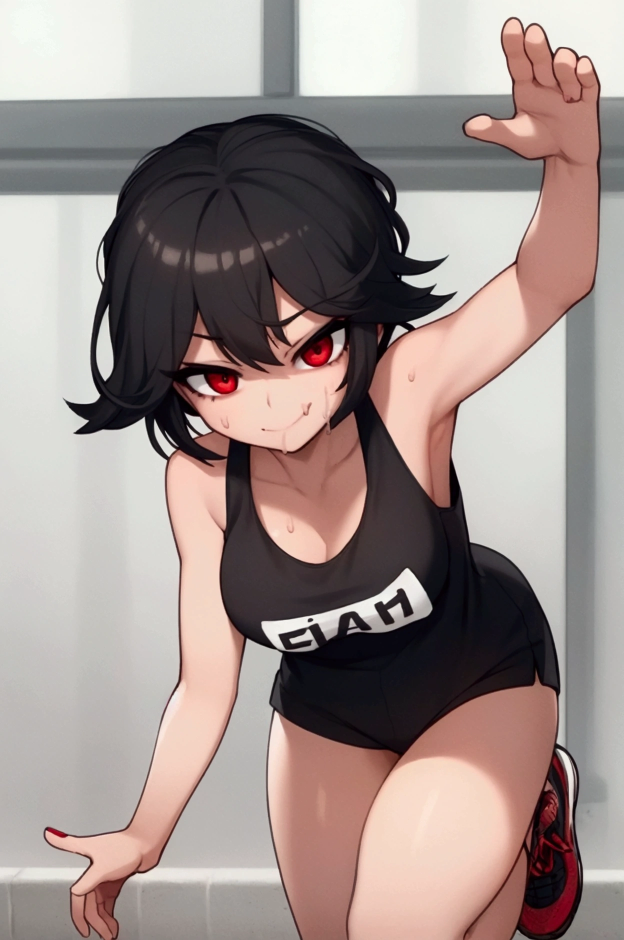 komi shouko,pixal style ,(A white border around a dark red rectangular background:2.5),The shirt,Abs,cropped shoulders,C cup,Ultra shorts,black lence stockings,High detail,Moles under eyes, Heart-shaped pupils,Love pupils,Fleshy thighs,highly rendered,detailed face with