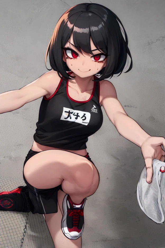 Girl, black hair, bob, red eyes, marathon runner, very sweating, black tank top with red lines, black shorts with red lines, marathon shoes , white race bib, close eyes, smile, mouth open, rising both hands, running, goal in