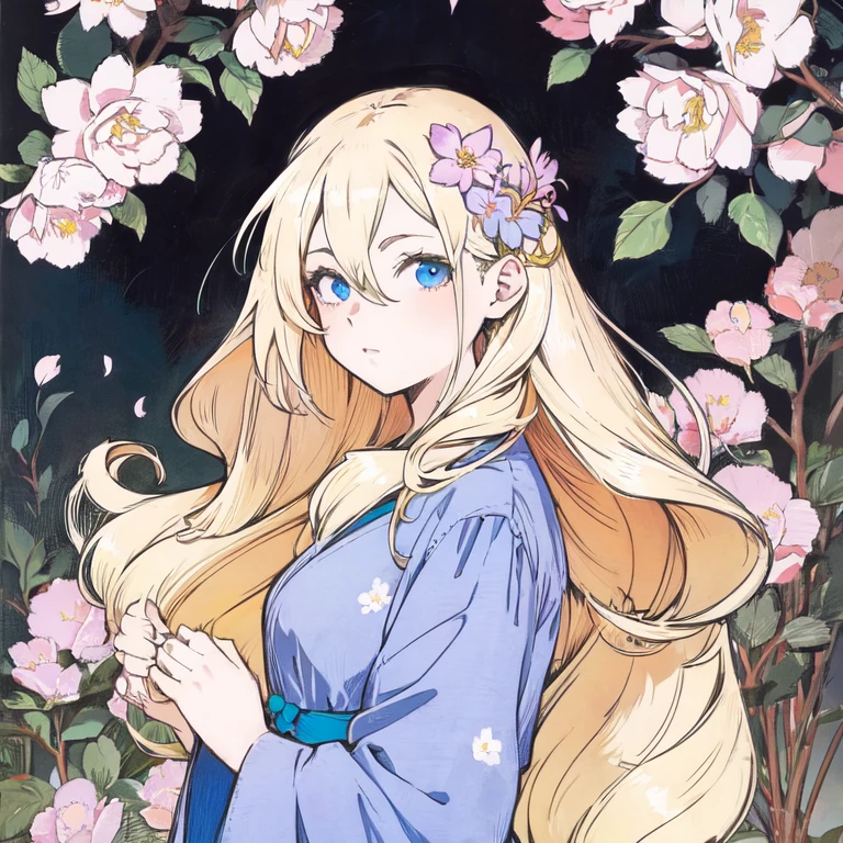 anime style girl with long hair and flowers in her hair, cute anime waifu in a beautiful dress, cute anime girl, Detailed and cute digital art, cute anime portrait, guweiz no pixiv artstation, non-style artwork by guweiz, Guweiz na ArtStation Pixiv, detailed anime digital art, 4K anime-style