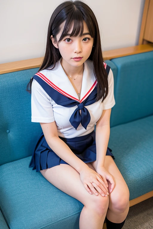 Real photo Japanese Solo Female junior high school student Uniform Summer sailor uniform Short skirt Skirt rolled up to show shorts Interested in sex Masturbates every day Has a male high school friend Wants to have sex with him Sitting on the sofa with legs spread
