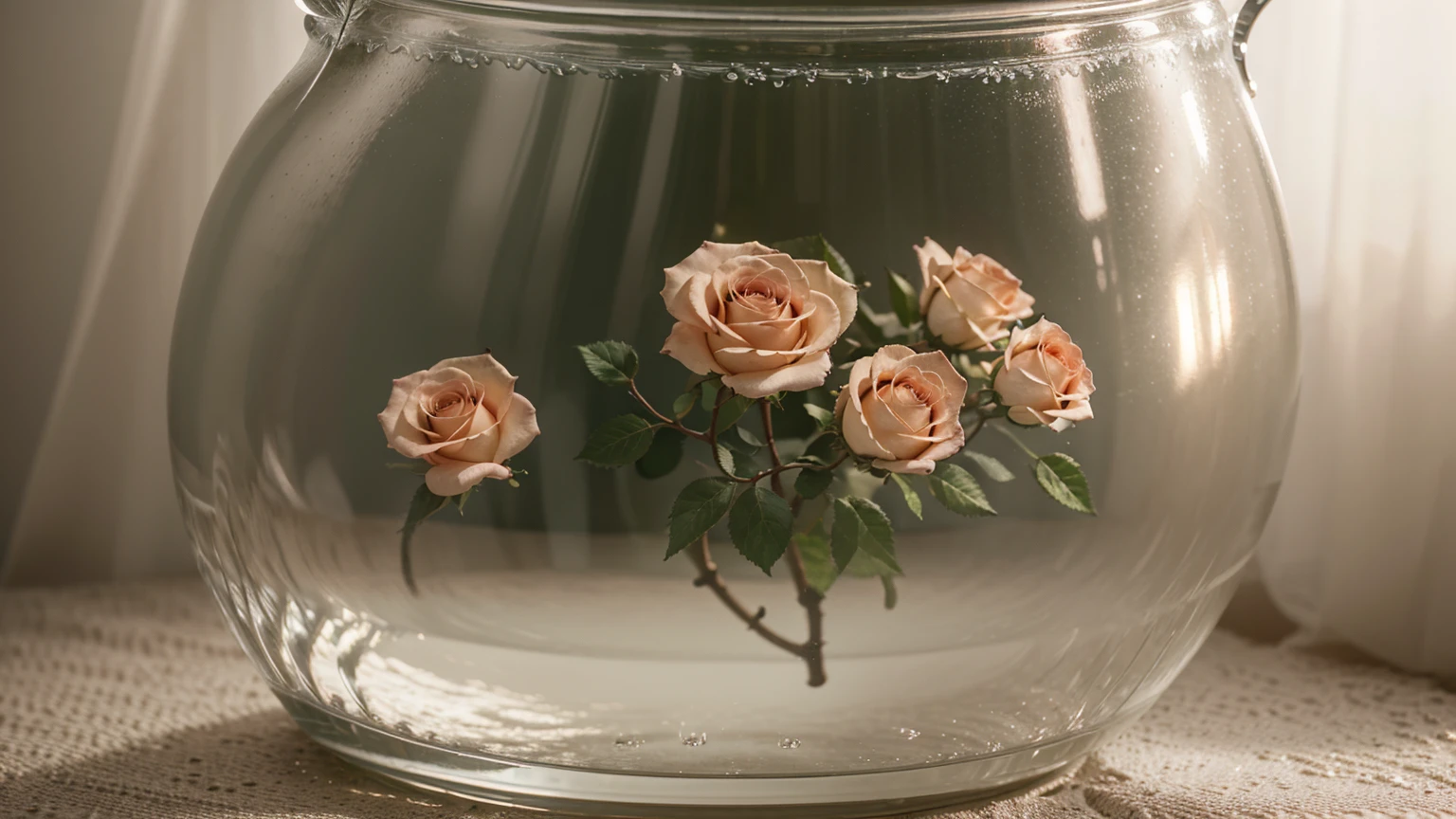 a beautiful detailed 2 roses in a transparent glass pot filled with water, empty space inside,vintage 70s style,natural lighting,minimalistic composition,elegant,photorealistic,highly detailed,8k,cinematic lighting,soft pastel colors,film grain,depth of field,beautiful bokeh,intricate details