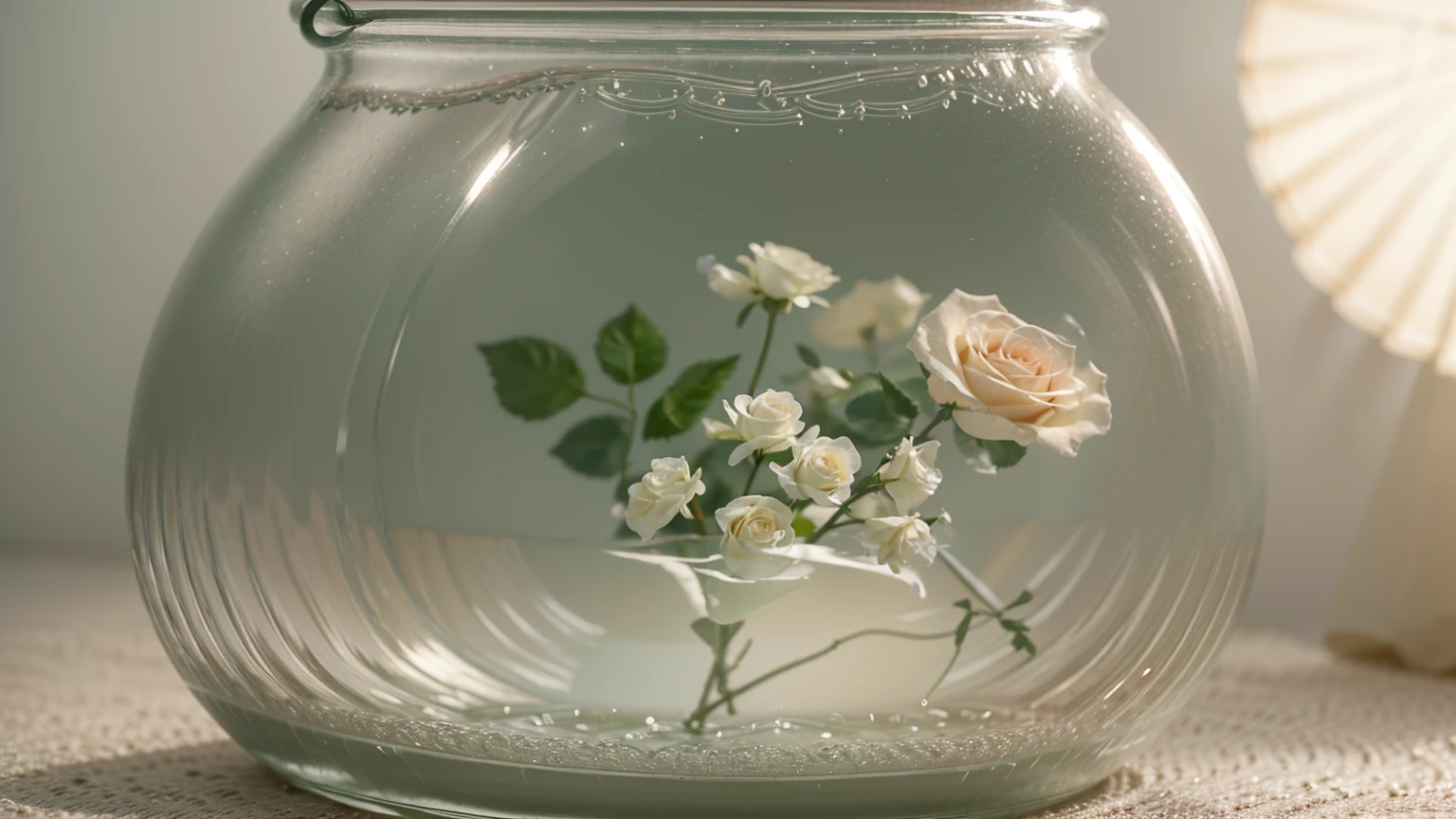 a beautiful detailed 2 roses in a transparent glass pot filled with water, empty space inside,vintage 70s style,natural lighting,minimalistic composition,elegant,photorealistic,highly detailed,8k,cinematic lighting,soft pastel colors,film grain,depth of field,beautiful bokeh,intricate details