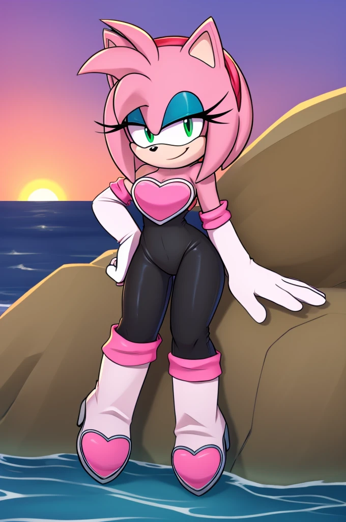 score_9, score_8_up, 2D, flat color, looking at viewer, (1girl), (solo), very detailed, extremely detailed, Amy Rose from the sonic the hedgehog series, portrait, seductive smile, hair down, hair bangs, medium breast, Rouge cosplay, cosplay, she wears a black skin-tight and strapless low-cut jumpsuit, a pink heart-shaped chest plate outlined with thin white trim, elbow-length white gloves and thigh-high high-heeled boots with pink cuffs to match them, with the latter featuring both gray soles and heels, matching her jumpsuit's chest plate, sitting on a boulder on the beach with the ocean waves in a nice sunset, close up, hands on hip, legs crossed , wingless