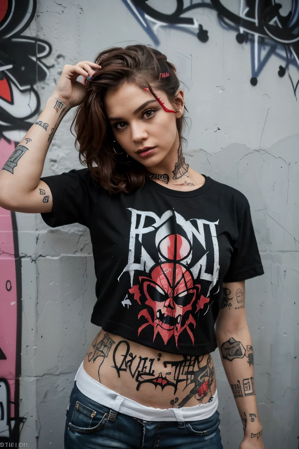 A devilish doll graffitiing a t-shirt 4k well detailed on the wall making a graffiti of a t-shirt 4k any cartoon that is graffitiing the t-shirt on a wall well detailed in the day, the cartoon has to be bad and has to be dressed in urban clothing for example hip hop 4k