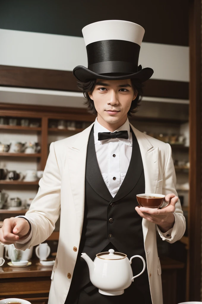 8k, RAW Photos, Fujifilm, Pixel Art,  Tea party,  Film Granulation, 35mm, A handsome devil wearing a top hat, 
