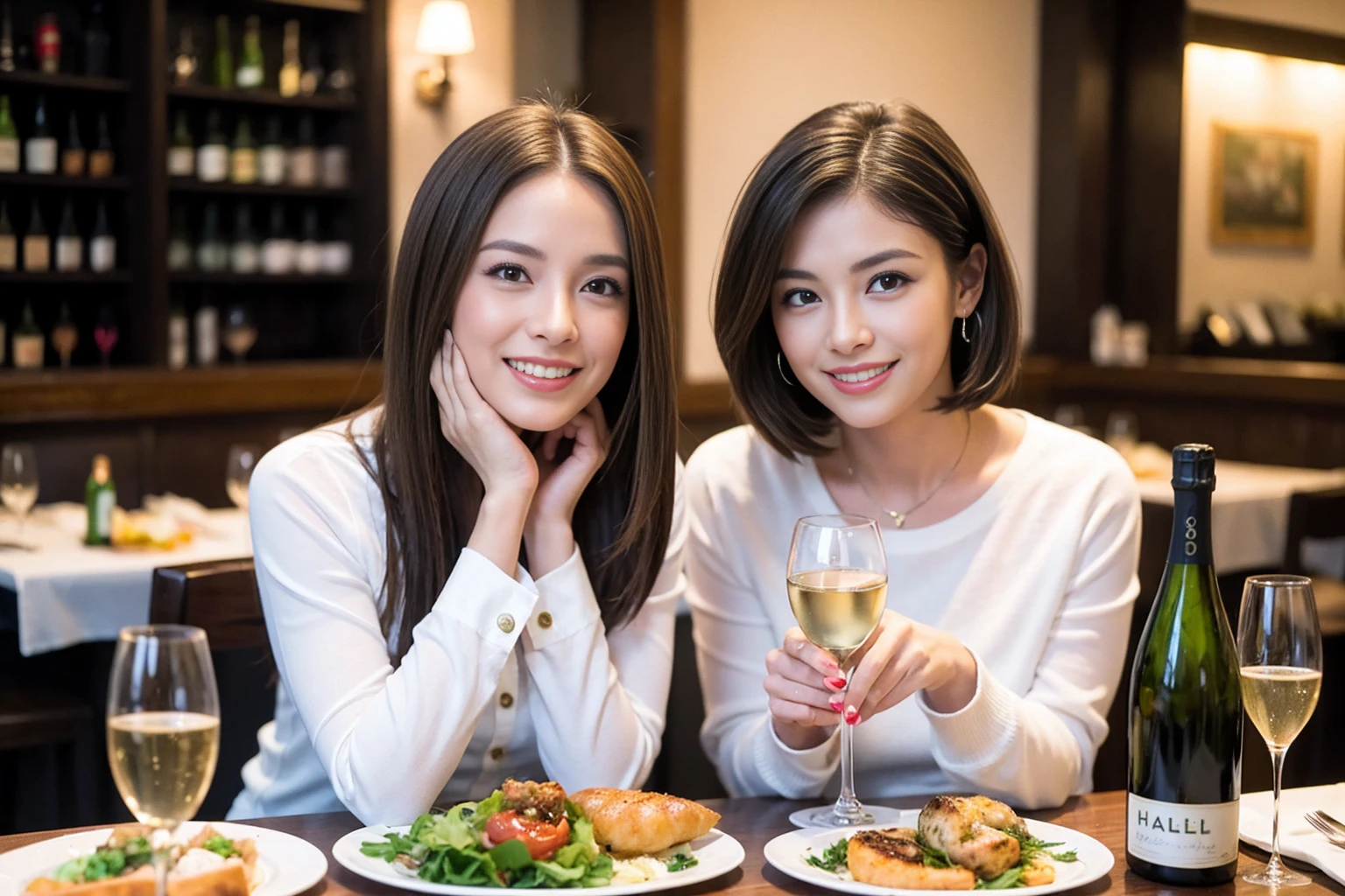 ((Highest quality、8k、masterpiece:1.3))、1 male、1 female、spouse、Beautiful couple、smile、full-course dinner、 (Slim face), (the body is スリム), (Brown Hair), (Shortcuts), ((Bob Hale、Straight hair:1.2)), テーブルの上のwine glass、Put the light on your face、 Amazing view of the sunset sky and clouds、smileの美しさ、Bright image、blush, Shortcuts, (Age 35), 39 years old, Appetizers、Italian food、Wine bottle、Champagne、sparkling wine、Long sleeve shirt、dress、Attractive beauty、restaurant, Nova Frog Style, actress, model, Upper Body, White wine, red wine, wine glass,
