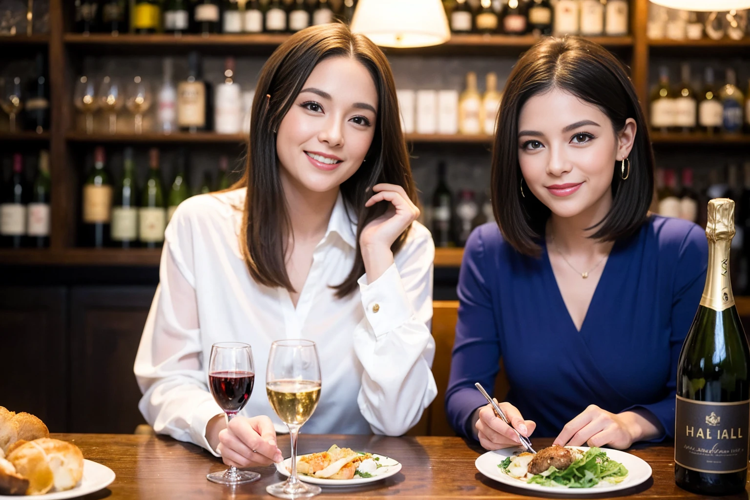 ((Highest quality、8k、masterpiece:1.3))、1 male、1 female、spouse、Beautiful couple、smile、full-course dinner、 (Slim face), (the body is スリム), (Brown Hair), (Shortcuts), ((Bob Hale、Straight hair:1.2)), テーブルの上のwine glass、Put the light on your face、 Amazing view of the sunset sky and clouds、smileの美しさ、Bright image、blush, Shortcuts, (Age 35), 39 years old, Appetizers、Italian food、Wine bottle、Champagne、sparkling wine、Long sleeve shirt、dress、Attractive beauty、restaurant, Nova Frog Style, actress, model, Upper Body, White wine, red wine, wine glass,