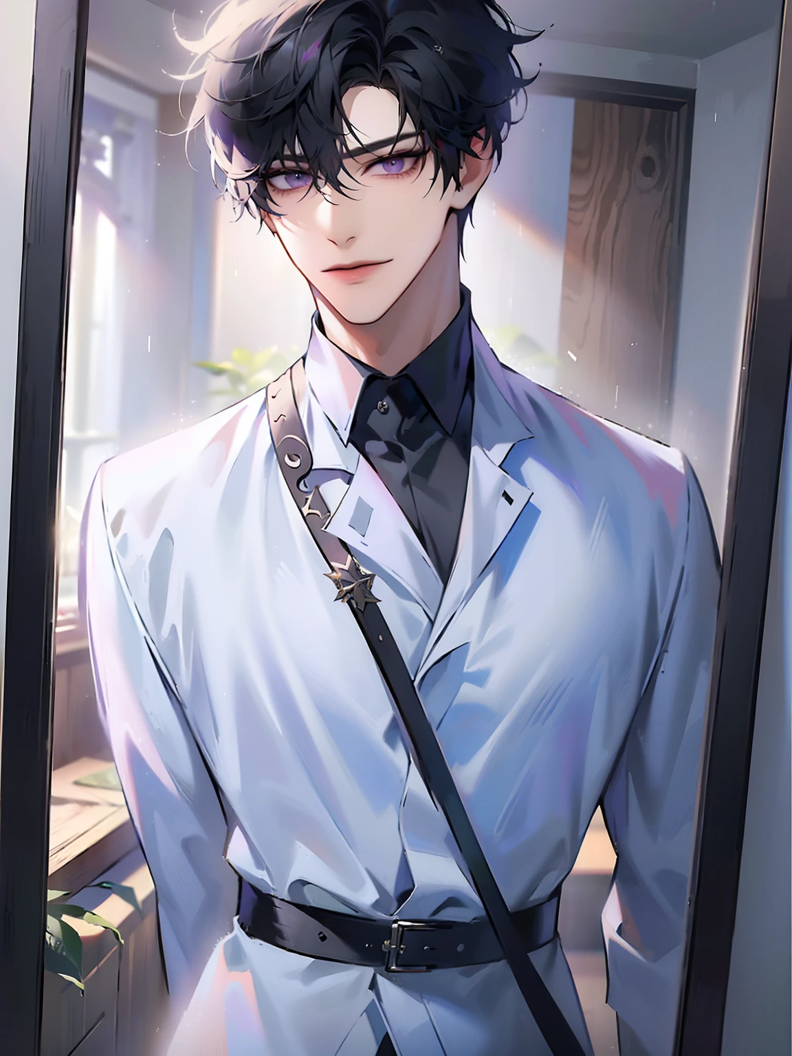 (masterpiece, 8k, high quality, best quality:1.6), 1boy, solo, short hair, black hair, asymmetrical fringe, purple eyes, handsome, sharp eyes, (mature male, mature:1.2), male focus, fashionable, tucked in open purple collared shirt, necklace, indoors, bedroom, light brown wallpaper, close up, smile, long eyelashes, soft shadows, holding phone, selfie, mirror, perfect anatomy