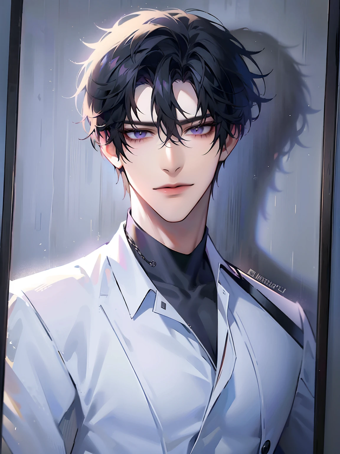 (masterpiece, 8k, high quality, best quality:1.6), 1boy, solo, short hair, black hair, asymmetrical fringe, purple eyes, handsome, sharp eyes, (mature male, mature:1.2), male focus, fashionable, tucked in open purple collared shirt, necklace, indoors, bedroom, light brown wallpaper, close up, smile, long eyelashes, soft shadows, holding phone, selfie, mirror, perfect anatomy